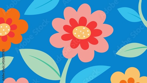 Colorful floral pattern design with flowers leaves and stems on a vibrant blue background