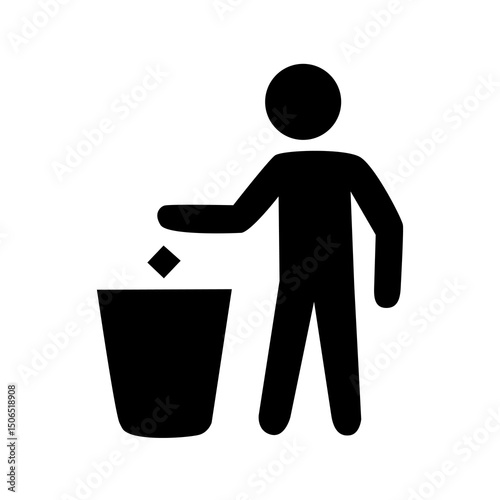 Trash bin and person throwing garbage icon, waste disposal flat vector symbol for public cleanliness and environmental awareness