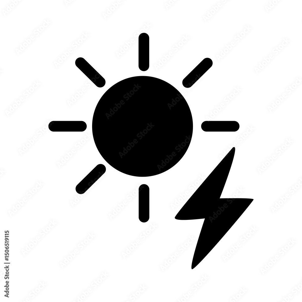 Sun and lightning icon vector, energy and electricity concept symbol for solar power, heat and electric hazard sign Sun and lightning icon vector, energy and electricity concept symbol for solar power, heat and electric hazard sign