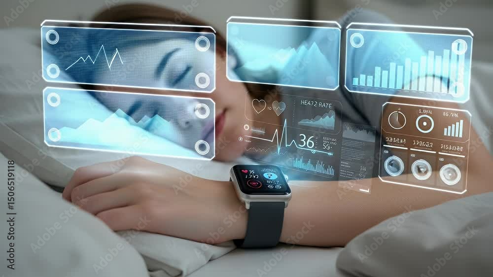 Woman sleeping with a smart watch displaying health data overlaid on her