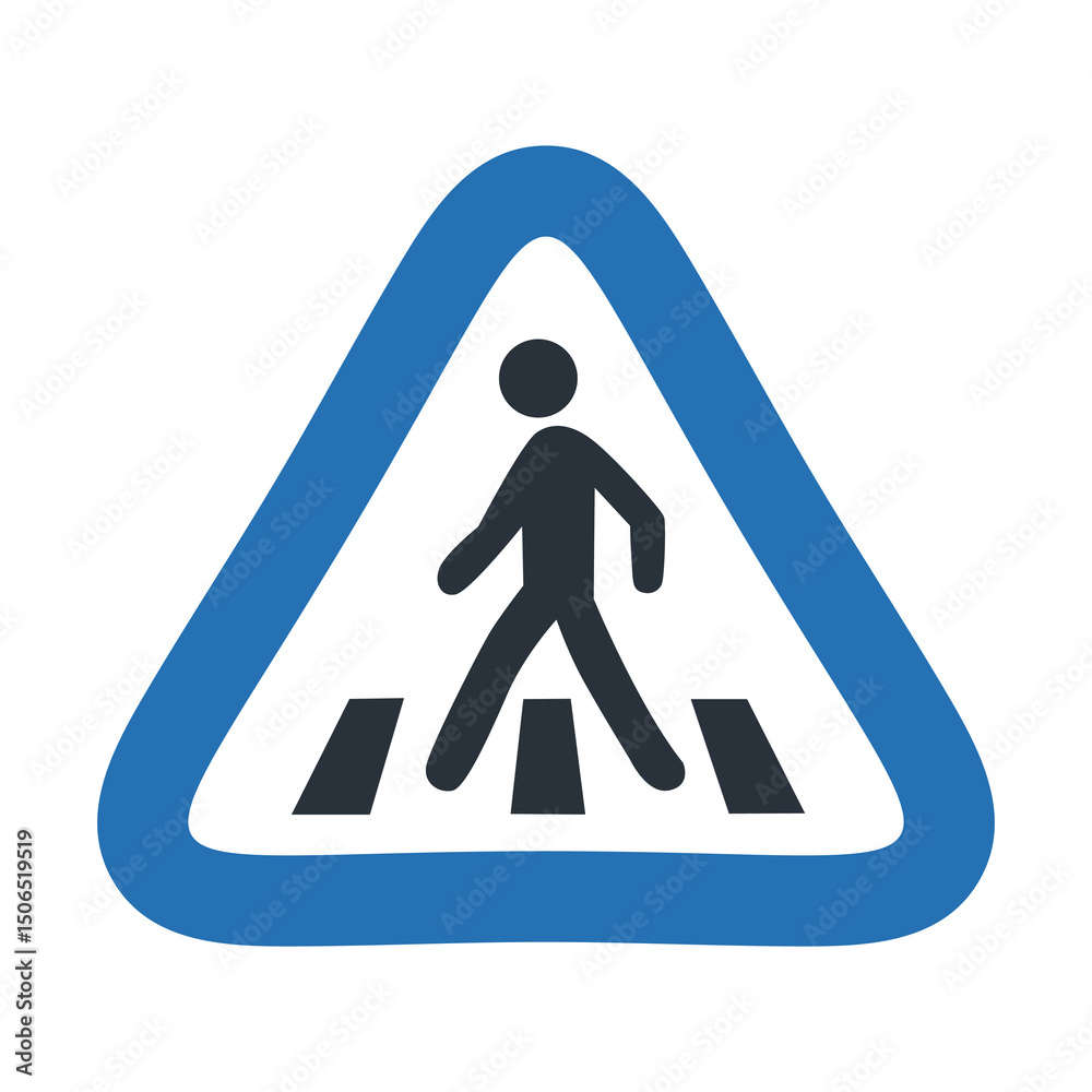 Pedestrian crossing sign vector icon in blue triangle shape, road traffic warning symbol for crosswalk and safety signage, flat illustration Pedestrian crossing sign vector icon in blue triangle shape, road traffic warning symbol for crosswalk and safety signage, flat illustration