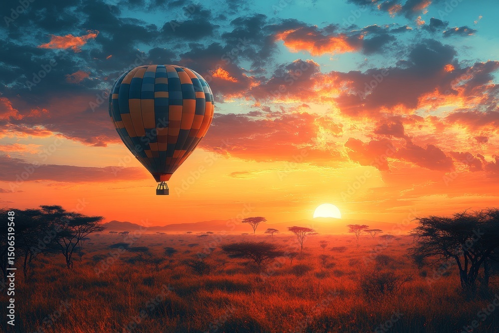 Fototapeta premium Hot air balloon safari sunrise, African savanna
