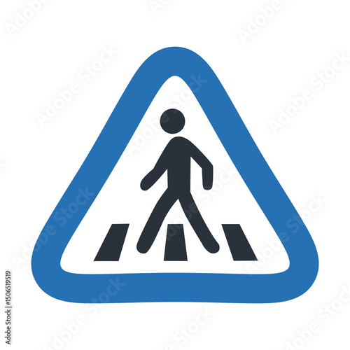 Pedestrian crossing sign vector icon in blue triangle shape, road traffic warning symbol for crosswalk and safety signage, flat illustration