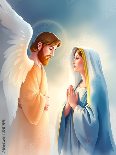 A soft and peaceful digital watercolor of Angel Gabriel appearing to Mary, surrounded by gentle light, as he announces that she will conceive and give birth to Jesus, with Mary's expression filled