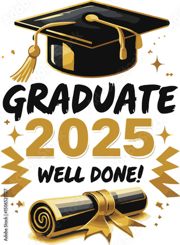 Class of 2025 Congrats greeting sign with academic cap and diploma. Congrats Graduated. Congratulating banner. Handwritten brush lettering. Isolated concept for graduation design, card, poster