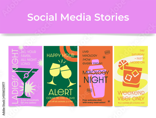 Promotional banners for a bar offering social media stories about cocktails and events