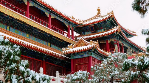 Gongbi - style snow scene of the Forbidden City, red walls and golden tiles covered in snow, vivid glazed roof beasts, white marble railings contrasting with green pine trees