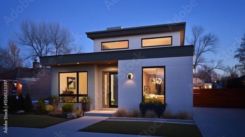 Modern home at dusk with warm interior lights, minimalist design. Cozy contemporary living in harmony with twilight.