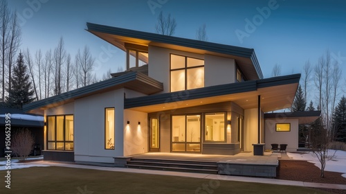 Modern home at dusk with warm interior lights, minimalist design. Cozy contemporary living in harmony with twilight.