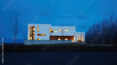 Modern home at dusk with warm interior lights, minimalist design. Cozy contemporary living in harmony with twilight.
