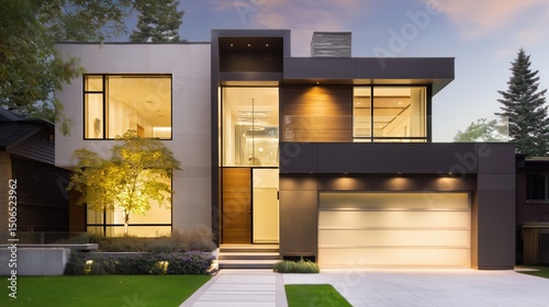 Modern home at dusk with warm interior lights, minimalist design. Cozy contemporary living in harmony with twilight.