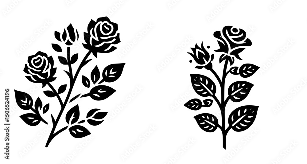 Rose Branch Silhouette Icon Logo Black Vector