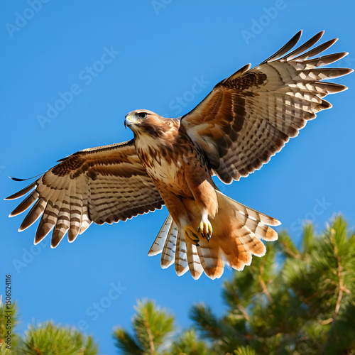 A red-tailed hawk soars with wings fully spread showcasing its plumage under the sunlight