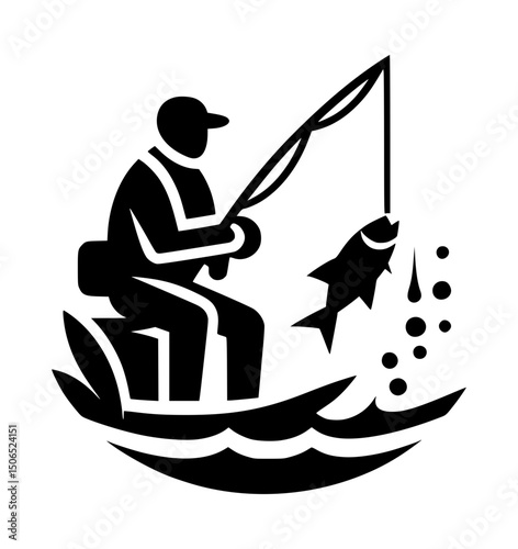 Angler Fishing Silhouette Icon Logo Black Vector