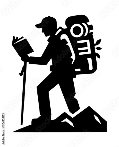 Backpacker Book Silhouette Icon Logo Black White Background