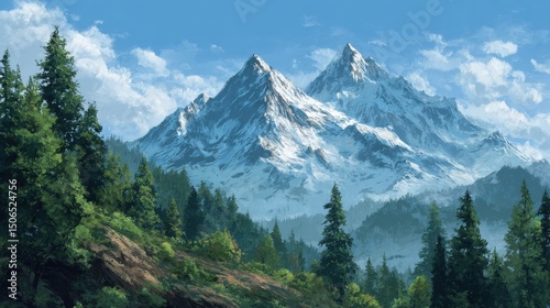 Fototapeta Naklejka Na Ścianę i Meble -  A 4K photo of scenic mountain landscape with snow-capped peaks and lush green forest, mountains, snow-capped, peaks, landscape, scenic, nature.