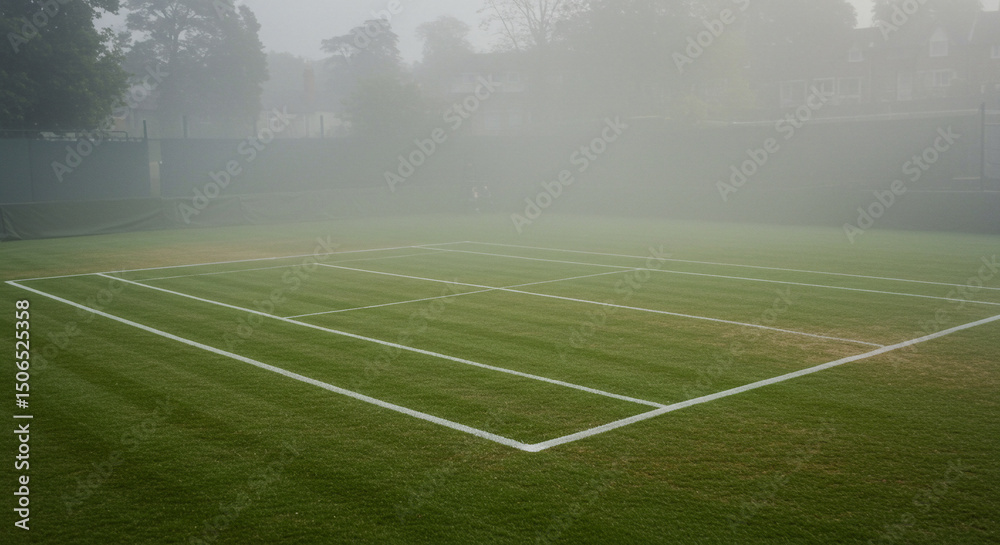Fototapeta premium Expansive View of a Perfectly Maintained Green Grass Tennis Court on a Misty Morning - Capturing the Essence of Outdoor Sports and Training