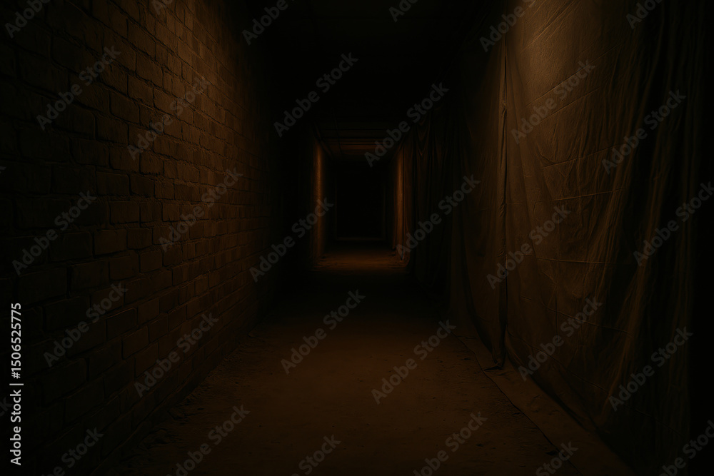 Obraz premium Dark narrow corridor with brick wall and draped fabric creates eerie and mysterious atmosphere