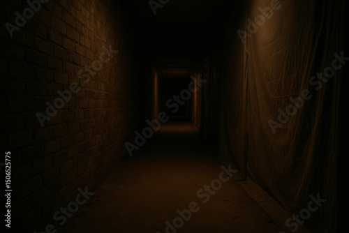Dark narrow corridor with brick wall and draped fabric creates eerie and mysterious atmosphere