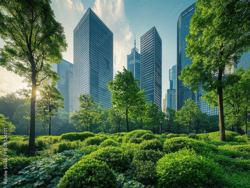 Obraz premium Serene Urban Park Green Landscape and Modern Skyscrapers