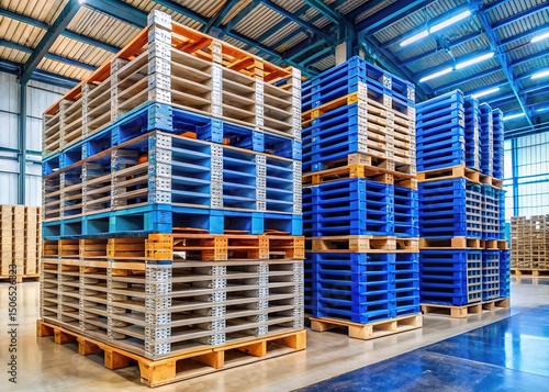 Stacked Wooden and Plastic Pallets in Warehouse for Storage and Transportation
