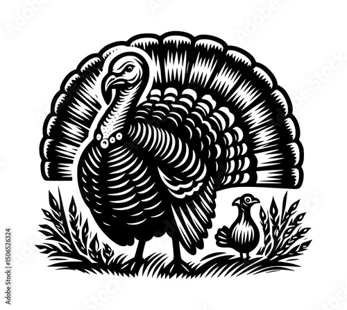 Turkey Farm Woodcut Vector Icon