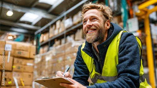 A smiling man in a reflective vest, sitting against the background of shelves with boxes in a warehouse. He's holding a tablet in his hands.