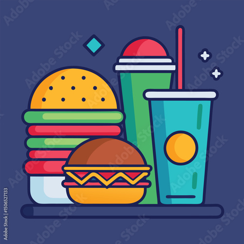 Fast Food Set with Burgers, Sandwiches, and Soft Drinks – Hand-Drawn Vector Illustrations in Retro and Pop Art Style.