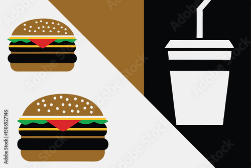 Fast Food Set with Burgers, Sandwiches, and Soft Drinks – Hand-Drawn Vector Illustrations in Retro and Pop Art Style.