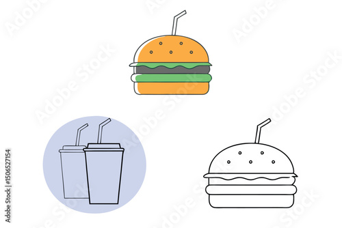 Fast Food Set with Burgers, Sandwiches, and Soft Drinks – Hand-Drawn Vector Illustrations in Retro and Pop Art Style.