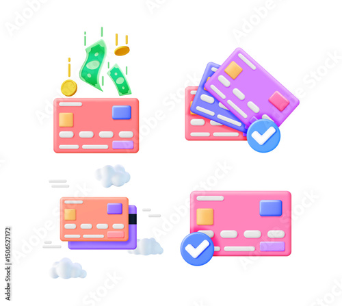 3d illustration set of credit cards, money falling into card, multiple cards, card with check mark, and card transaction in clouds for banking concepts.