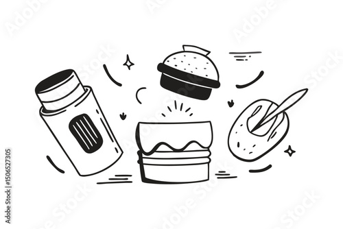 Fast Food Set with Burgers, Sandwiches, and Soft Drinks – Hand-Drawn Vector Illustrations in Retro and Pop Art Style.