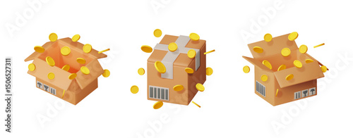 Vector 3D illustration set of cardboard boxes with falling golden coin. Money delivery, donation concept with earnings for charity.