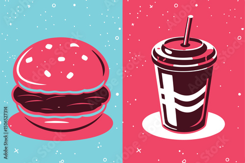 Fast Food Set with Burgers, Sandwiches, and Soft Drinks – Hand-Drawn Vector Illustrations in Retro and Pop Art Style.