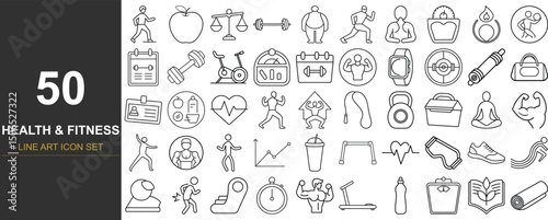 50 Clean Line Art Vector Icons Representing Health, Fitness, and Wellness Activities Including Yoga, Workout Equipment, Healthy Diet, and Tracking Tools for Mobile Apps, Dashboards, and Infographics