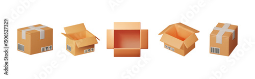 Set of 3d rendering cargo boxes with various angles. Shipping box illustration for delivery service and online store banner.