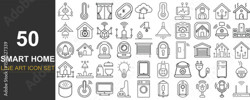 50 Clean Line Art Vector Icons Featuring IoT Devices and Smart Home Features Like Leak Sensors, Baby Monitors, Smart Plugs, Cloud Control, and Digital Dashboards for UI Kits and Lifestyle Tech Brands