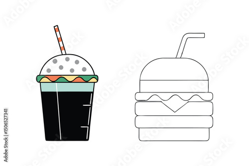 Fast Food Set with Burgers, Sandwiches, and Soft Drinks – Hand-Drawn Vector Illustrations in Retro and Pop Art Style.