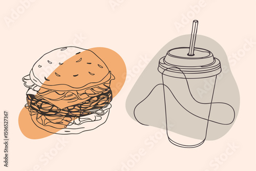 Fast Food Set with Burgers, Sandwiches, and Soft Drinks – Hand-Drawn Vector Illustrations in Retro and Pop Art Style.