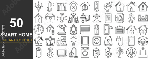 50 Modern Line Art Vector Icons of Smart Home Devices Including Thermostats, Smart Lights, Security Cameras, Voice Assistants, and Home Automation Tools for App Interfaces, Tech Products, and Infograp