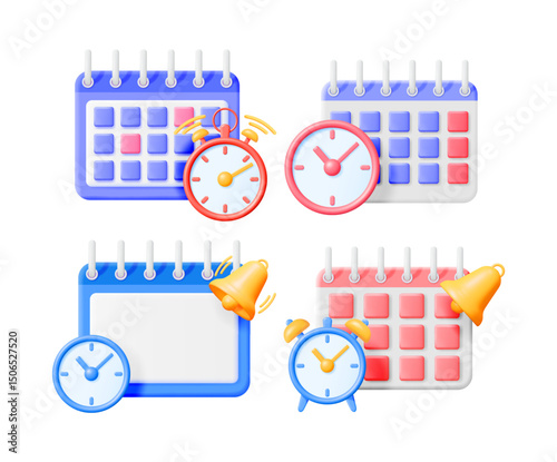 3d vector illustration set of appointment calendar with various clocks and bells. Schedule, time management concept.