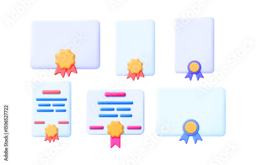 Set of 3d certificate and diploma icons with ribbon seals. Achievement award concept for online education and professional recognition.