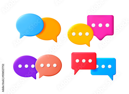 Colorful 3d chat bubble communication icons set with message dots. Online conversation and social media messages concept.