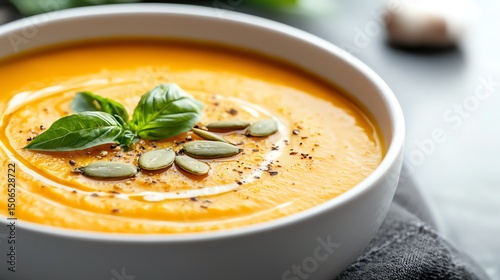 Cozy plant-based soup, warm butternut squash bisque, topped with toasted pumpkin seeds