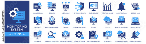 Monitoring System icon set. Containing design Real Time Monitoring, Server Monitoring, Network Monitoring, System Health, Dashboard. Solid icon collection.