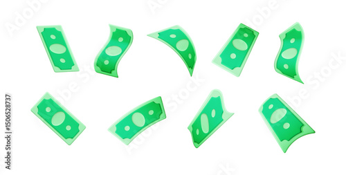 Set of falling green dollar banknotes, money rain concept. Cash currency vector 3d illustration for financial prosperity and economic growth.