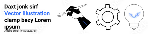 Hand holding paintbrush signifies creativity, gear shows process or development, lightbulb with plant symbolizes innovation and eco-friendly ideas. Ideal for creativity, innovation, growth