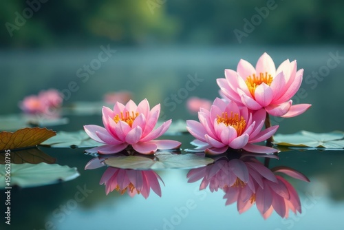 Pastel colored water flowers create a repeating motif on a still lake , petal, pattern, elegant