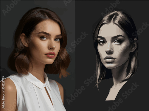 Realistic and Sketch Style Female Portrait Side-by-Side in Modern Artistic Composition