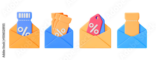Envelopes delivering various discount coupon tickets and tags. Retail promotions and online shopping. Cyber monday. Special offers.